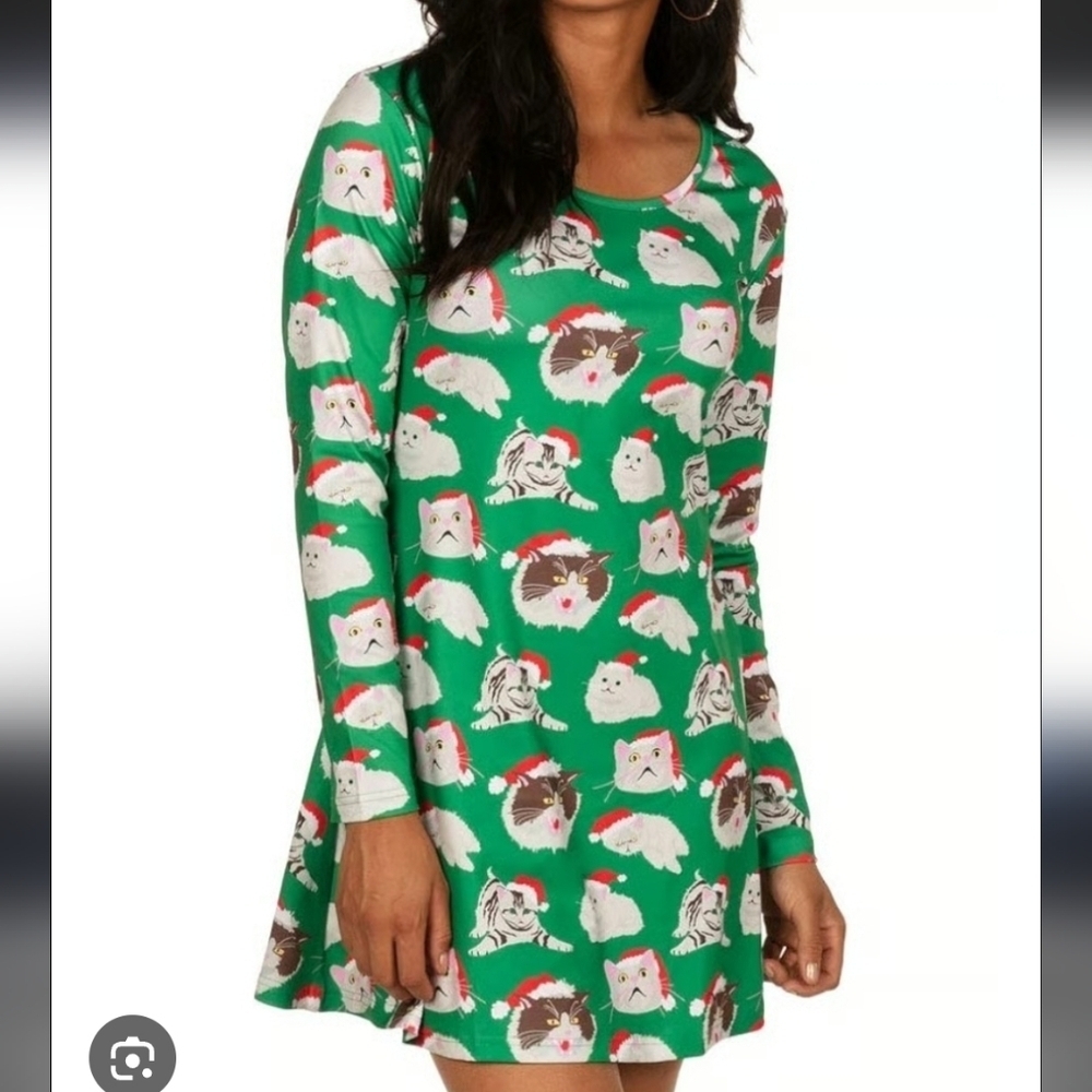 Tipsy Elves Women's Ugly Christmas Cat Long Sleeve Dress Size XL